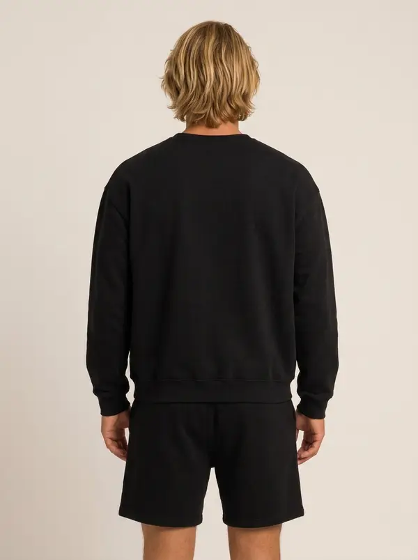 Future Homme black crew sweatshirt and short set, back view, on an AI male model