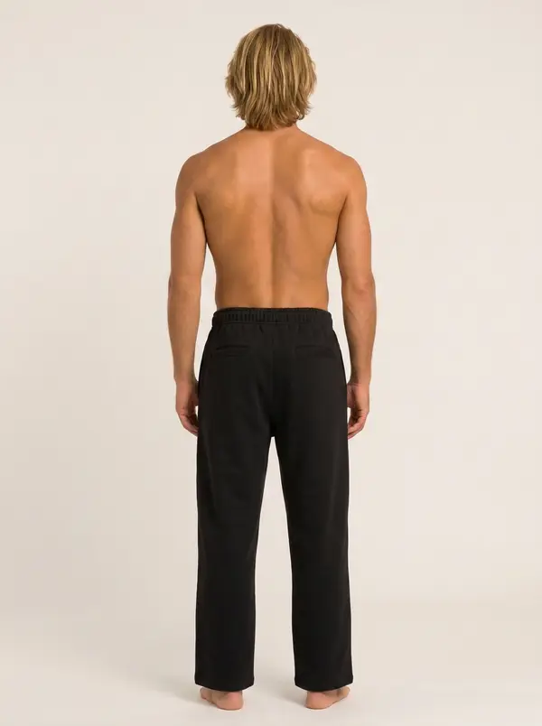 Future Homme black straight lounge pant, back view, bare chest, on an AI male model