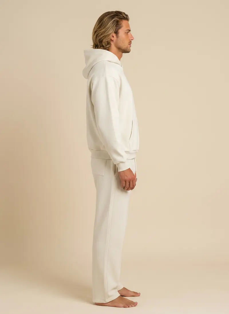 Future Homme bone hooded set, side profile full length showing hood drape, on an AI male model