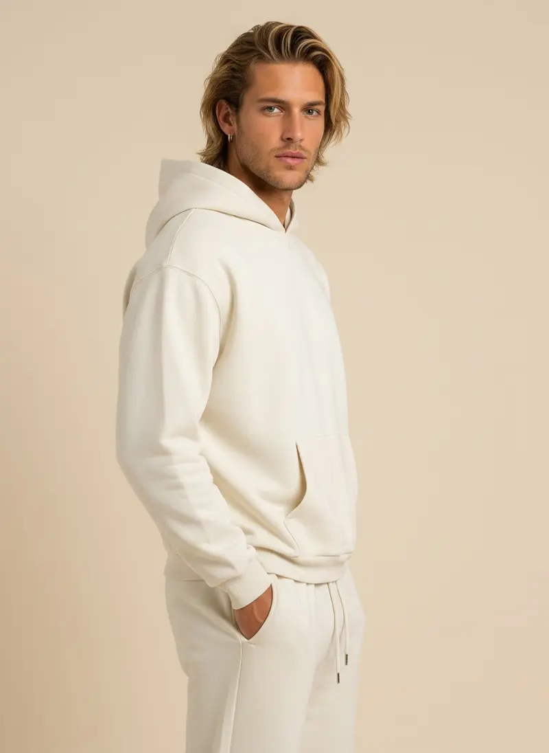 Future Homme bone hooded sweatshirt and matching jogger on an AI male model against a warm sand backdrop