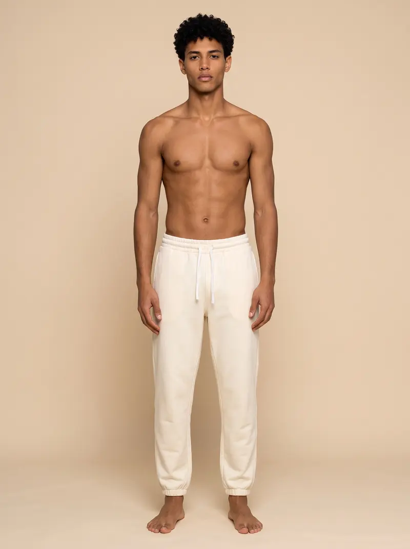 Future Homme cream jogger on the second AI male muse, front full length against a warm sand backdrop