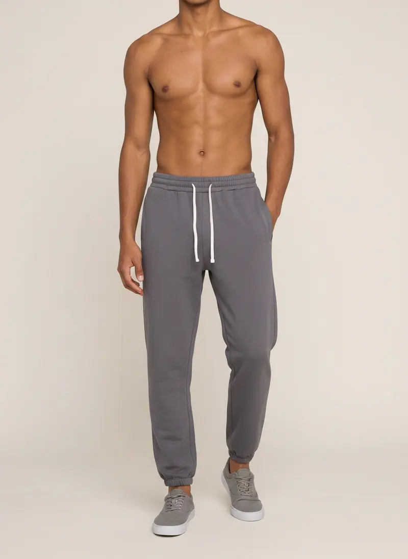 Future Homme graphite jogger on the second AI male muse, three-quarter frame in the same warm studio
