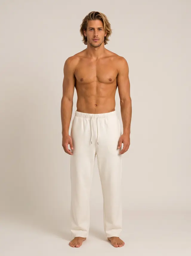 Future Homme bone lounge pant, straight-on front, full length, on an AI male model in a warm studio