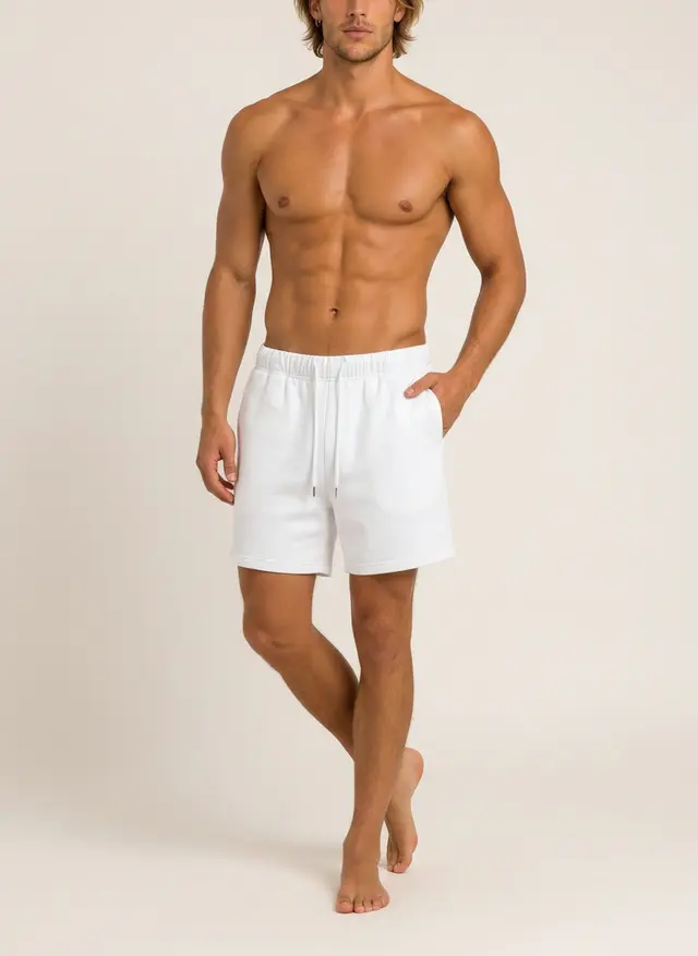 Future Homme ivory lounge short, mid-stride walking frame, on an AI male model in a warm studio
