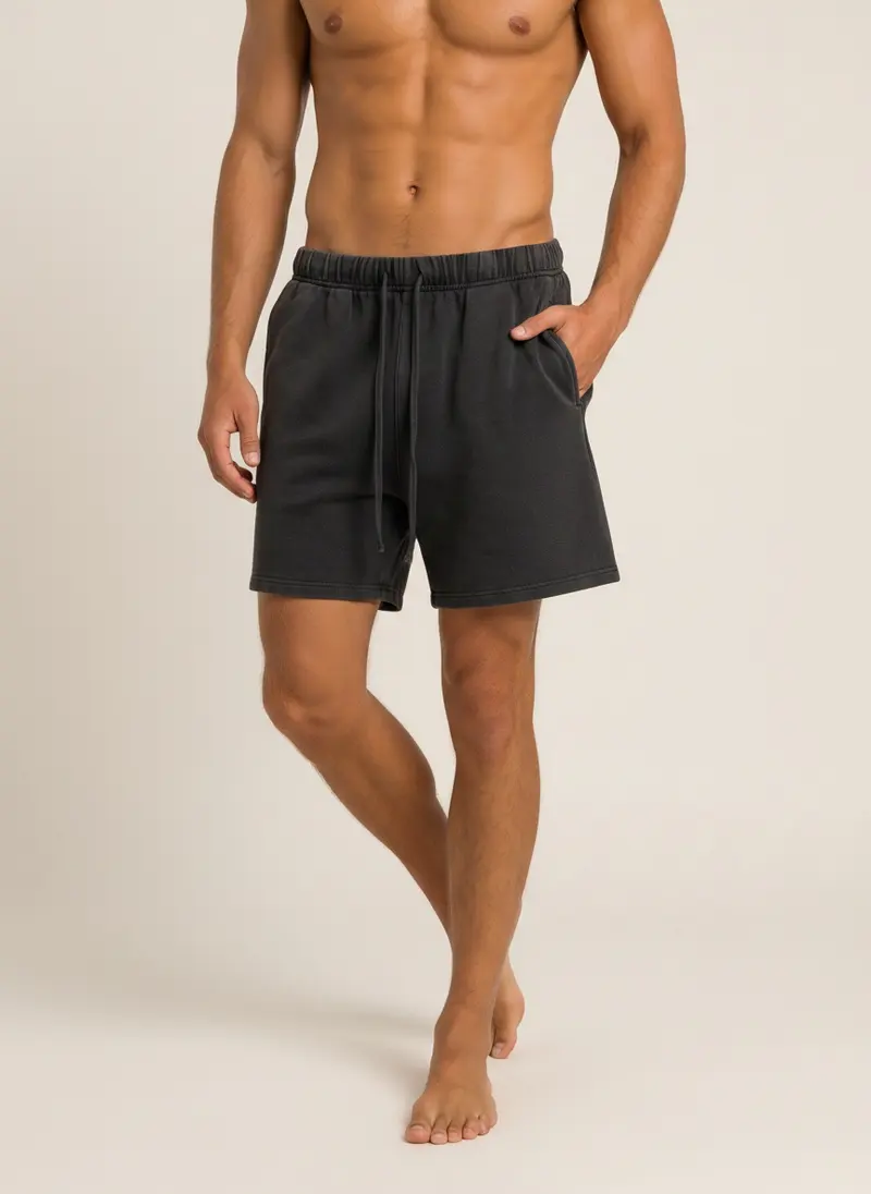 Future Homme graphite lounge short shot bare-chest in a warm neutral studio on an AI male model, mid-stride