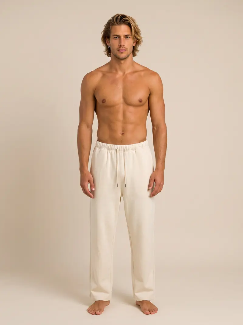Future Homme bone lounge pant shot bare-chest, straight-on front full length, on an AI male model