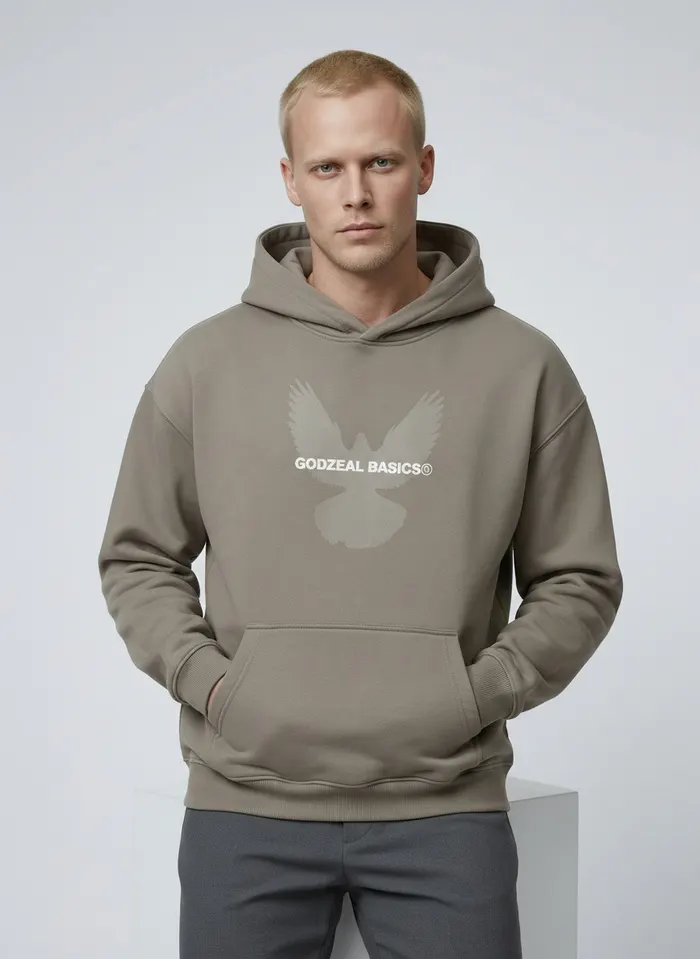 Godzeal Basics taupe dove-logo pullover hoodie alt pose on AI blonde male model in clean American studio