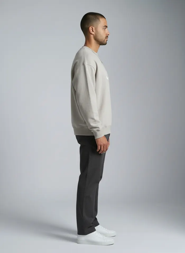 Godzeal Basics beige dove-logo crewneck sweater chest-print detail crop on AI male model in clean studio
