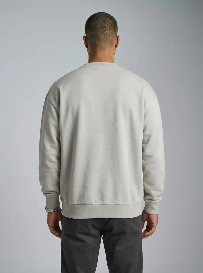 Godzeal Basics beige dove-logo crewneck sweater side profile pose on AI male model in clean American studio