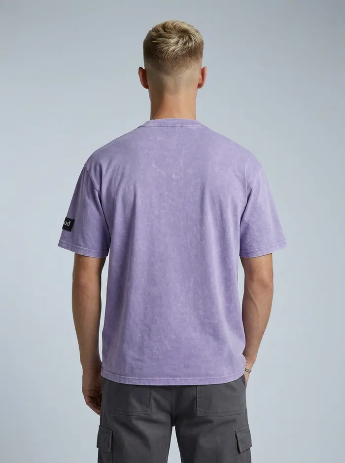 Godzeal I AM A CHILD OF GOD lilac tee chest-print detail crop showing bubble-graphic typography on AI male model