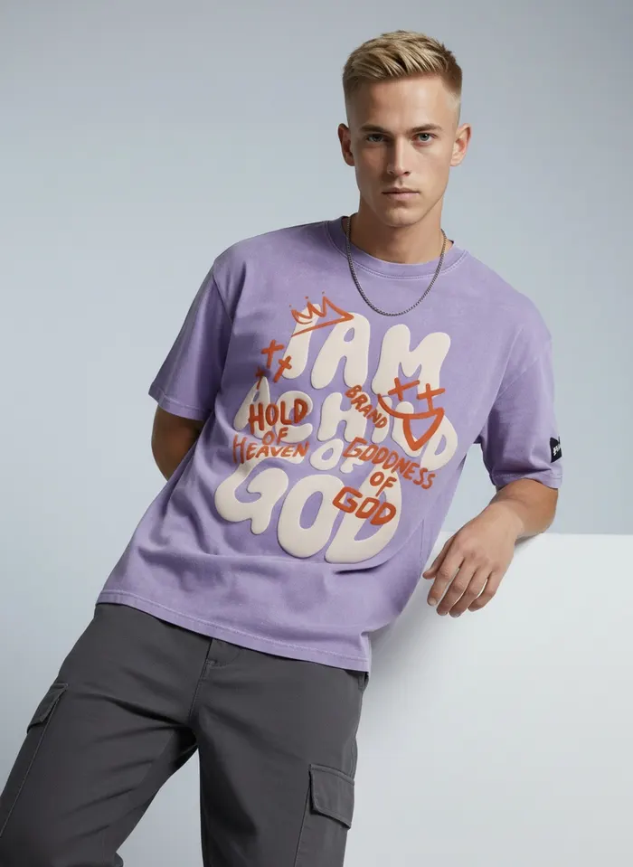 Godzeal I AM A CHILD OF GOD lilac bubble-graphic tee alt pose on AI blonde male model in clean American studio