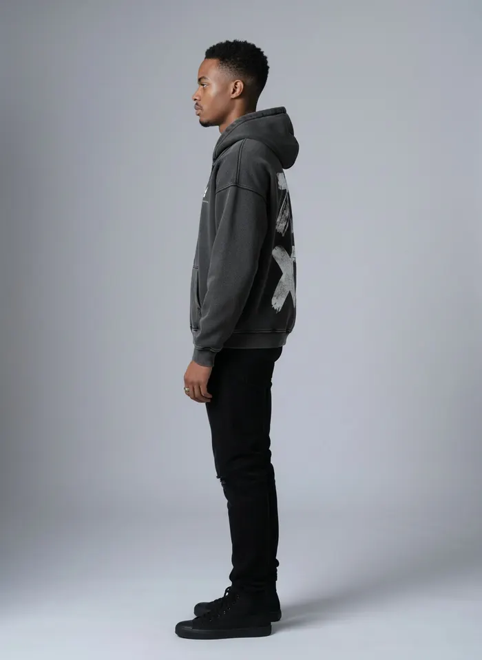 Godzeal YOU ARE FORGIVEN zip hoodie walking pose on AI male model in clean studio