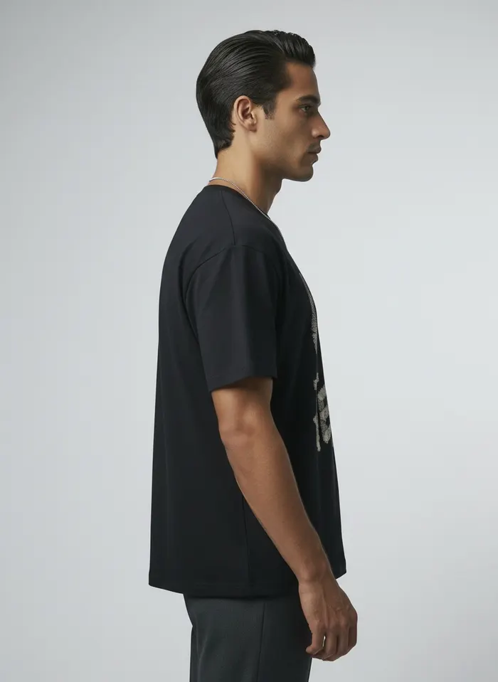 Godzeal I LOVE JESUS tee side profile chest crop on AI male model in clean studio