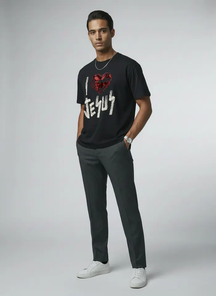 Godzeal black I LOVE JESUS heart-print tee side-profile editorial pose on AI male model with slicked hair in clean studio
