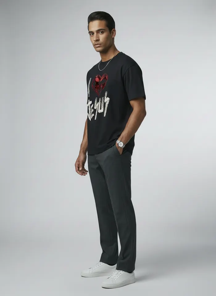 Godzeal I LOVE JESUS heart-print tee walking pose on AI male model in clean American studio