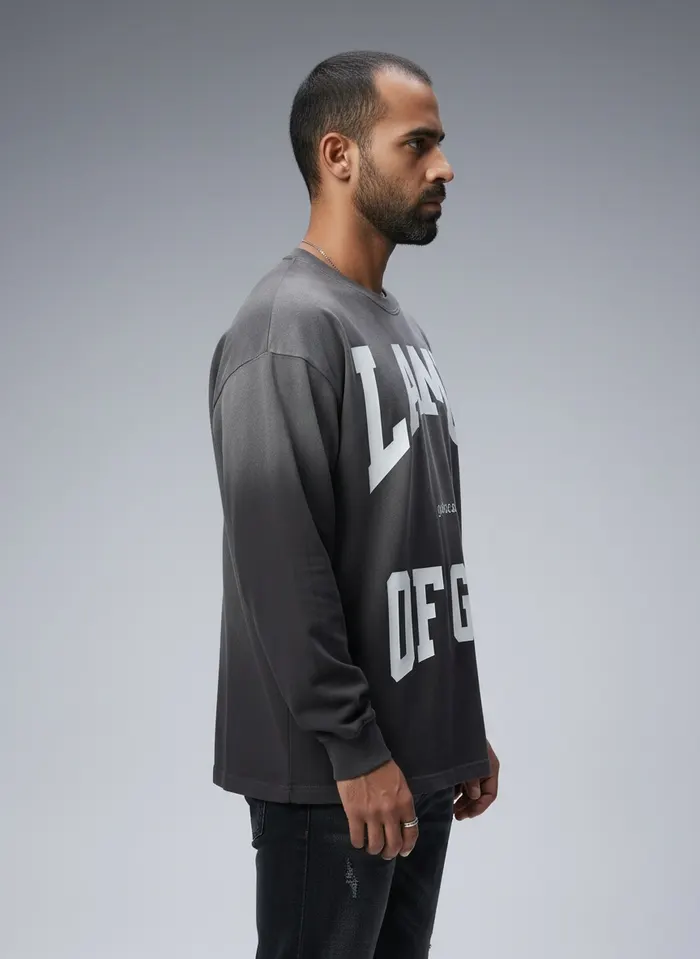 Godzeal LAMB OF GOD long-sleeve three-quarter profile pose on AI male model in clean American studio