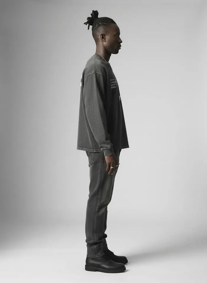 Godzeal acid wash scripture sweater side profile editorial pose on AI male model with locs in clean American studio