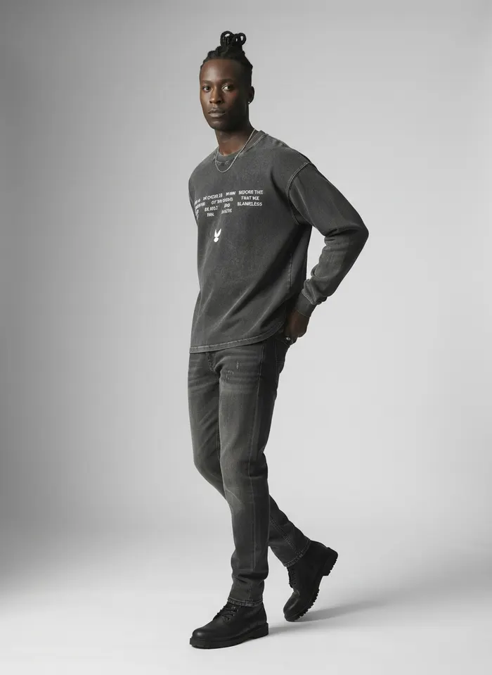 Godzeal acid wash scripture Ephesians block-text sweater editorial walking pose on AI male model with locs in clean studio