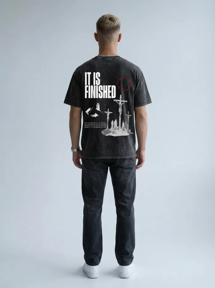 Godzeal acid wash scripture short-sleeve tee alt pose on AI male model with side fade in clean studio