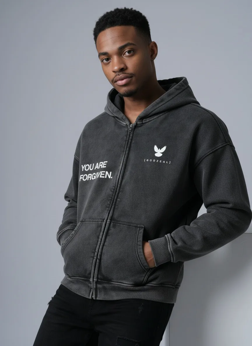 Godzeal YOU ARE FORGIVEN zip hoodie hood-up street pose on AI male model in clean studio
