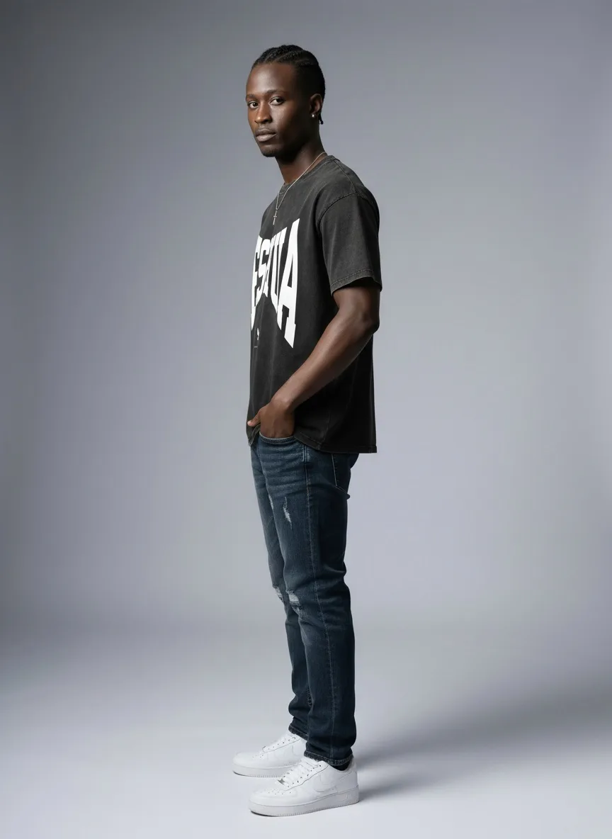 Godzeal YESHUA tee back view on AI male model in clean studio backdrop