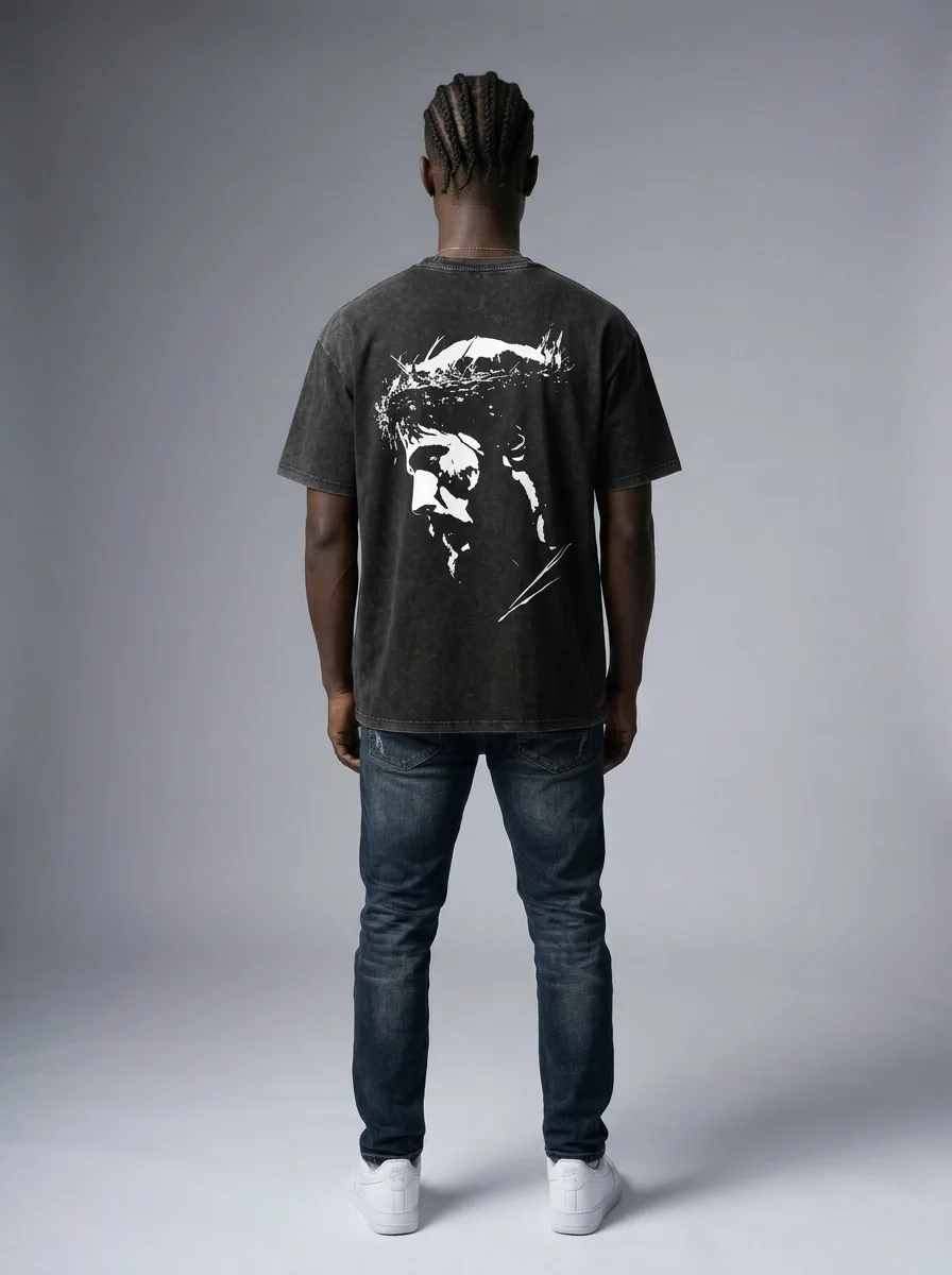 Godzeal YESHUA acid wash tee chest crop showing arched college-type print scale