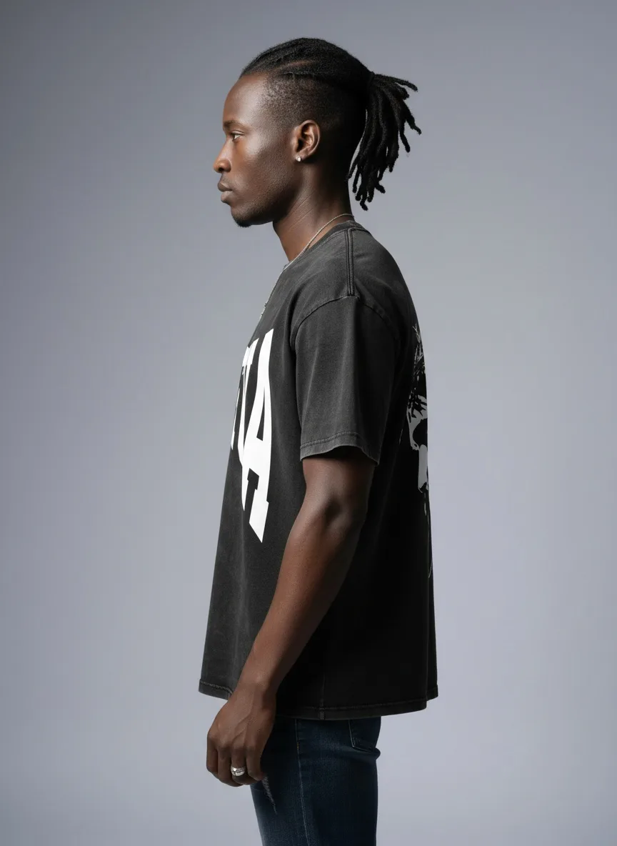 Godzeal YESHUA acid wash tee side profile on AI male model with cropped frame