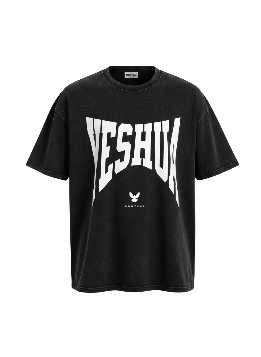 Godzeal YESHUA tee hands-in-pocket street pose on AI male model in studio