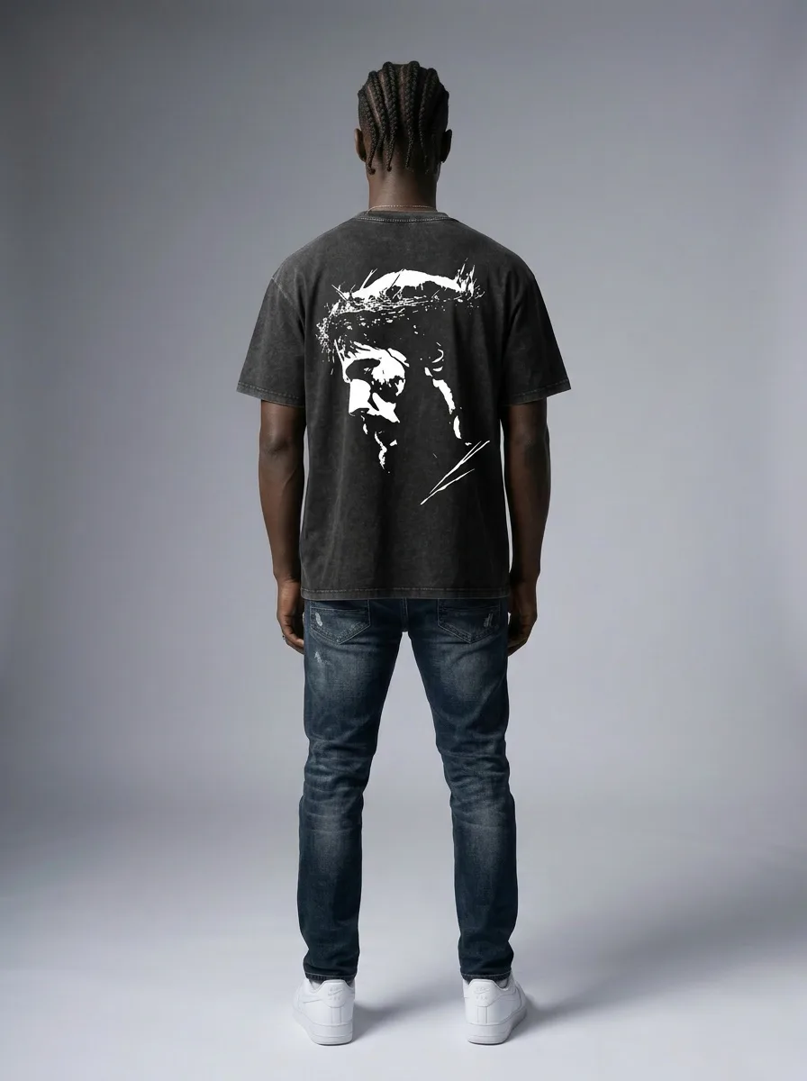 Godzeal YESHUA black acid wash tee ghost mannequin product flat for PDP