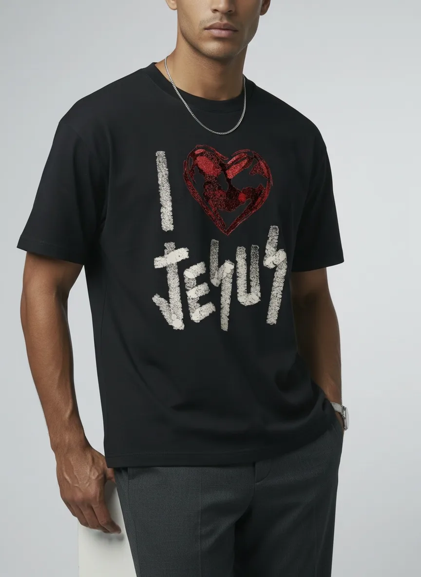 Godzeal I LOVE JESUS heart-print tee back view on AI male model showing slicked hair in clean studio
