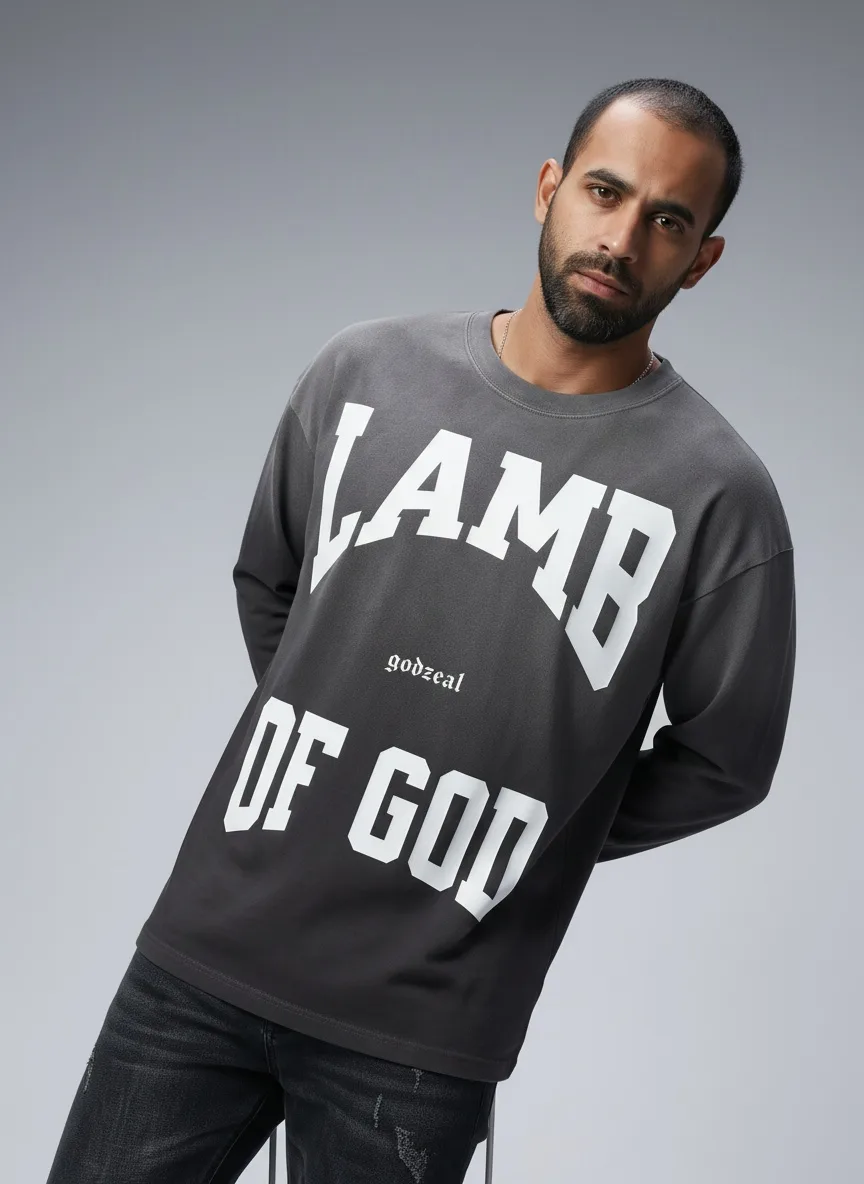 Godzeal LAMB OF GOD long-sleeve angled portrait pose on AI male model in clean studio