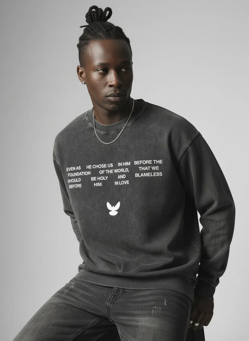Godzeal scripture sweater three-quarter pose on AI male model with locs in studio