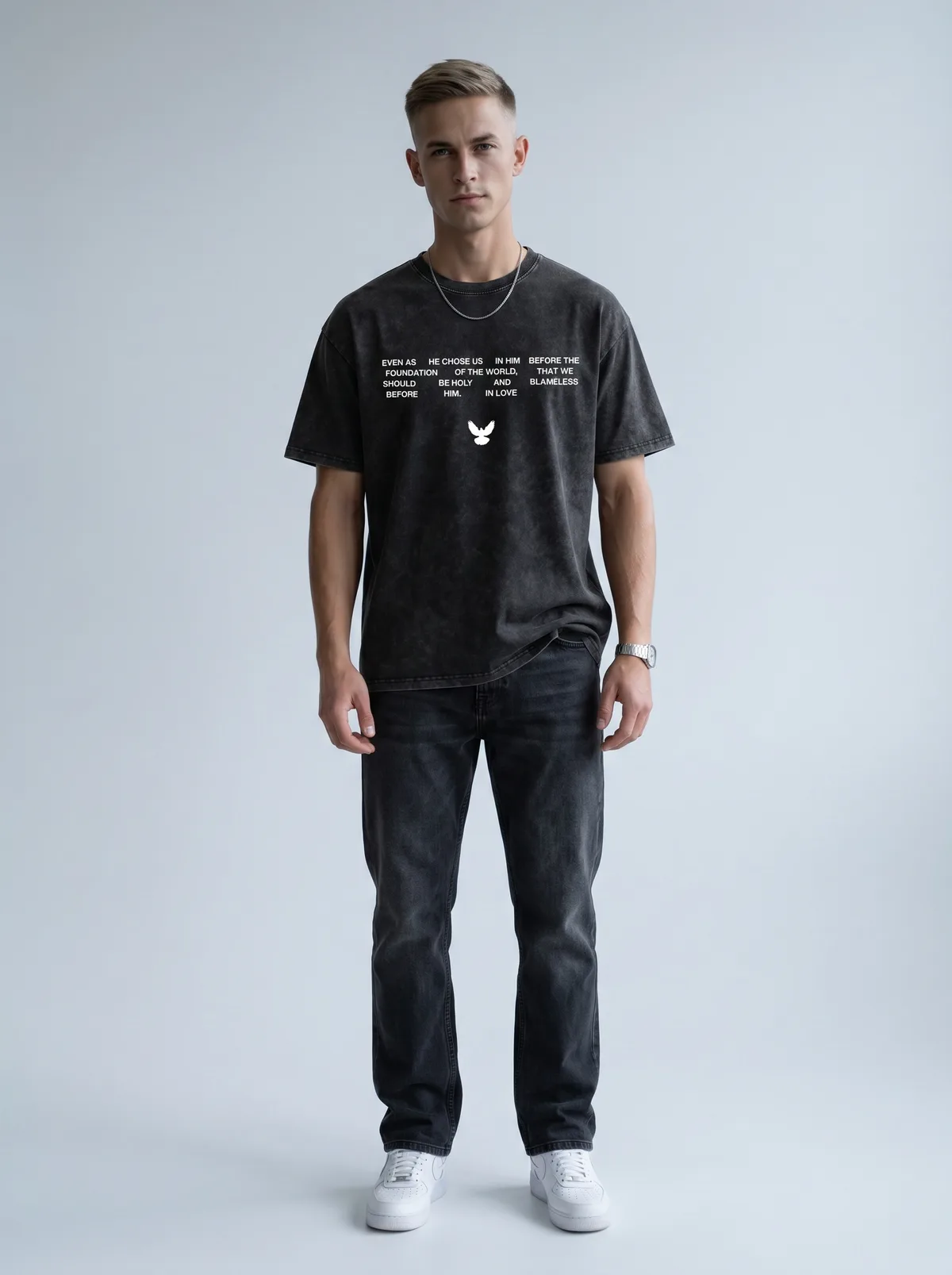 Godzeal acid wash scripture short-sleeve tee on AI male model with side fade in clean studio