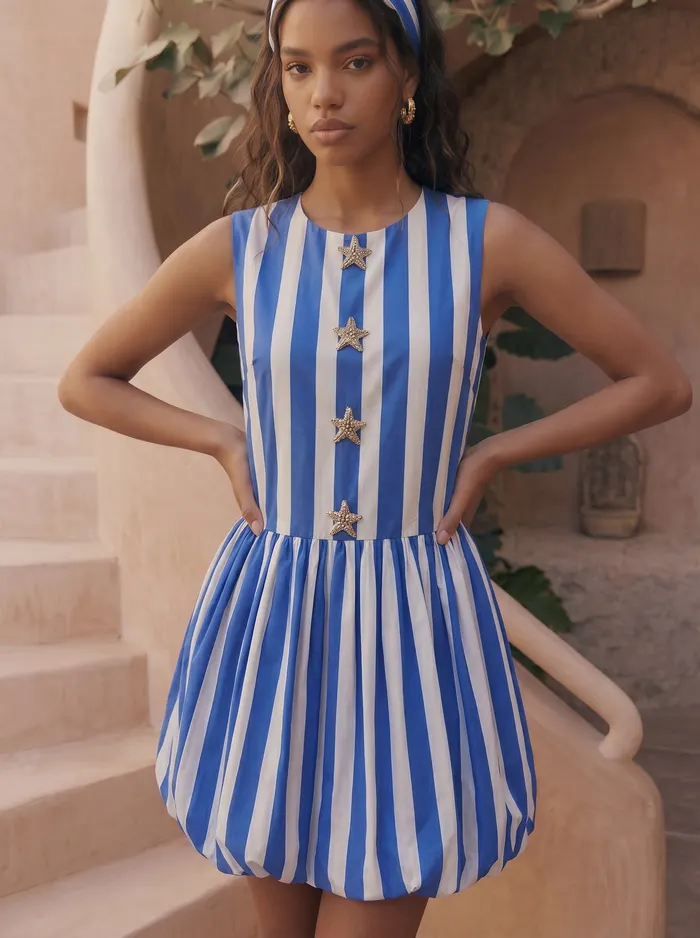 Maison Blu blue stripe starfish-button bubble-hem dress chest detail crop showing four gold starfish buttons