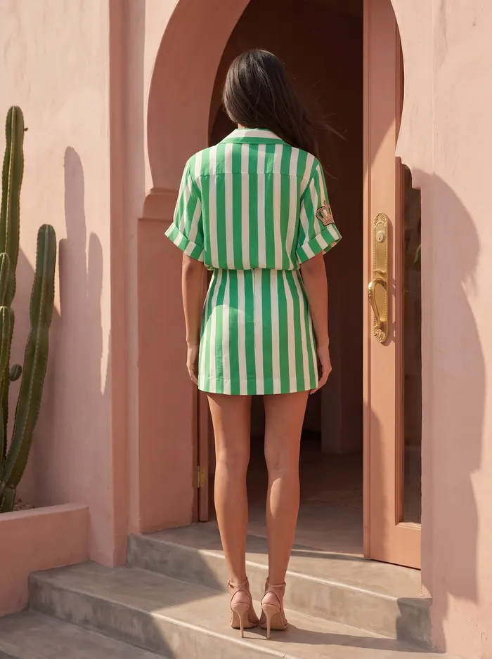 Maison Blu green stripe palm-print shirt and mini skirt set back view on AI model in Marrakech pink-stucco doorway