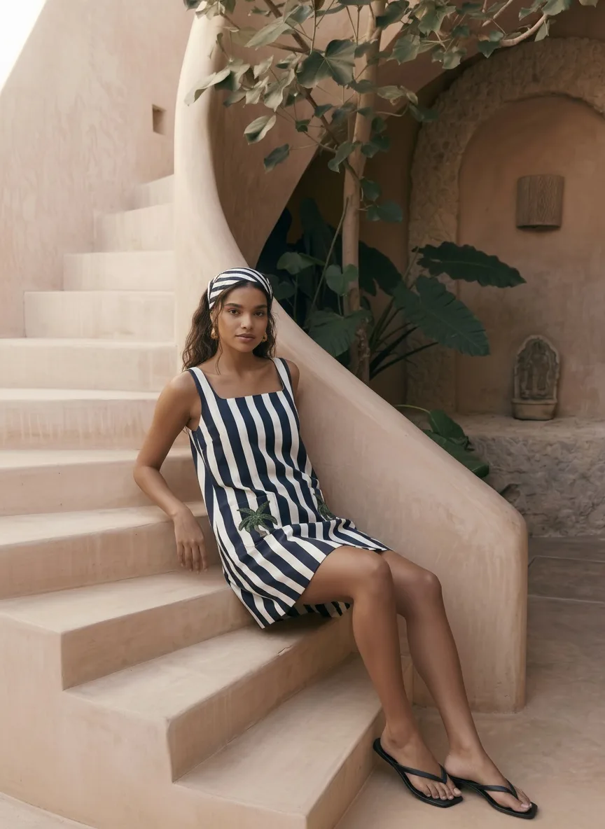 Maison Blu navy stripe dress seated pose on AI model on Moroccan courtyard step