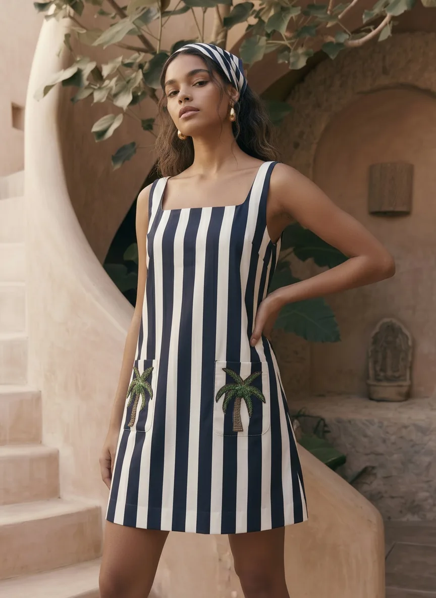 Maison Blu navy stripe dress detail framing of palm pockets on AI model in courtyard