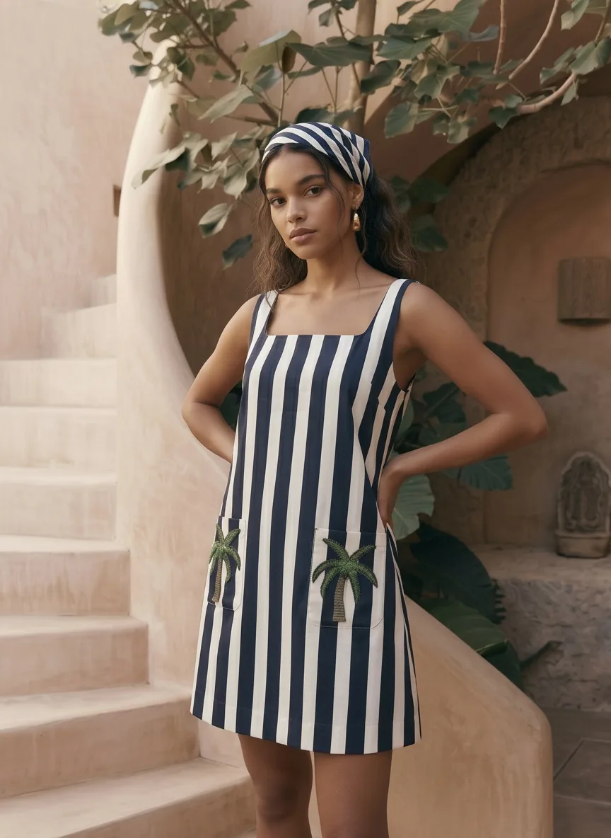 Maison Blu navy stripe palm dress full-body editorial pose on AI model with Marrakech adobe wall backdrop