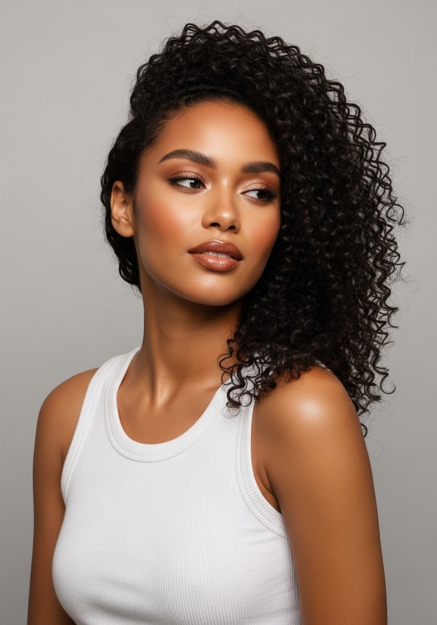 Naomi — AI fashion model: Voluminous curly hair, warm complexion