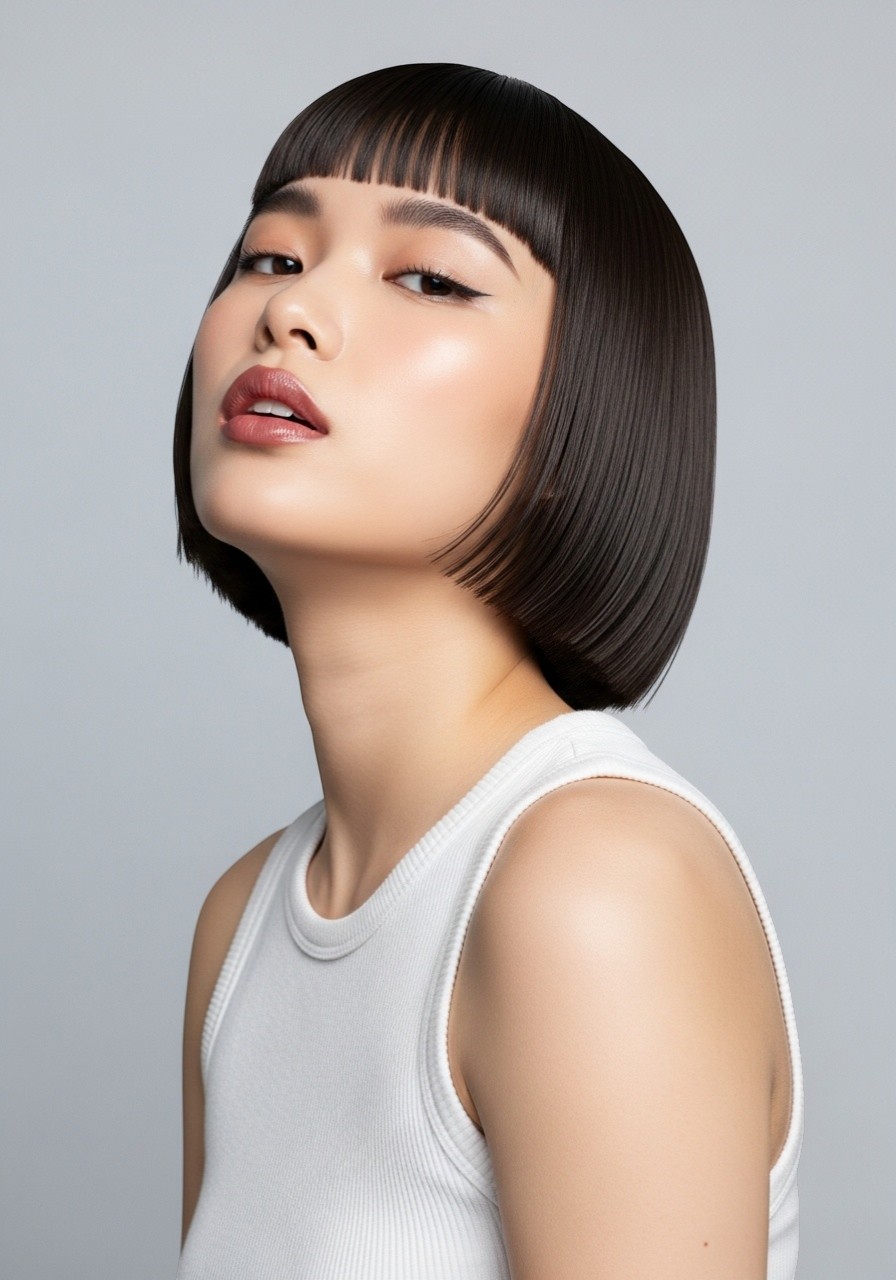 Hana — AI fashion model: Sleek black bob with micro-bangs