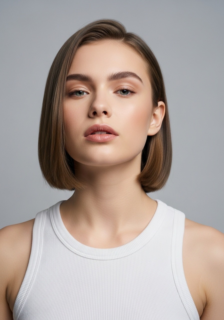 Maren — AI fashion model: Chin-length brown bob, youthful energy