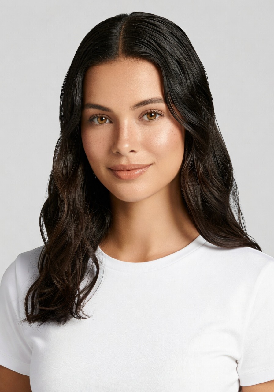 Valentina — AI fashion model: Wavy dark hair, amber eyes, freckles