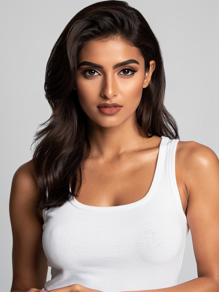Priya — AI fashion model: Dark voluminous waves, dramatic brows