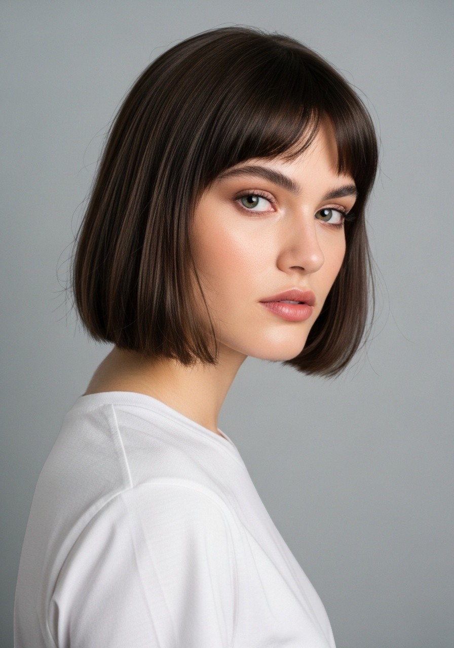 Nadia — AI fashion model: Dark brunette bob with bangs, editorial presence