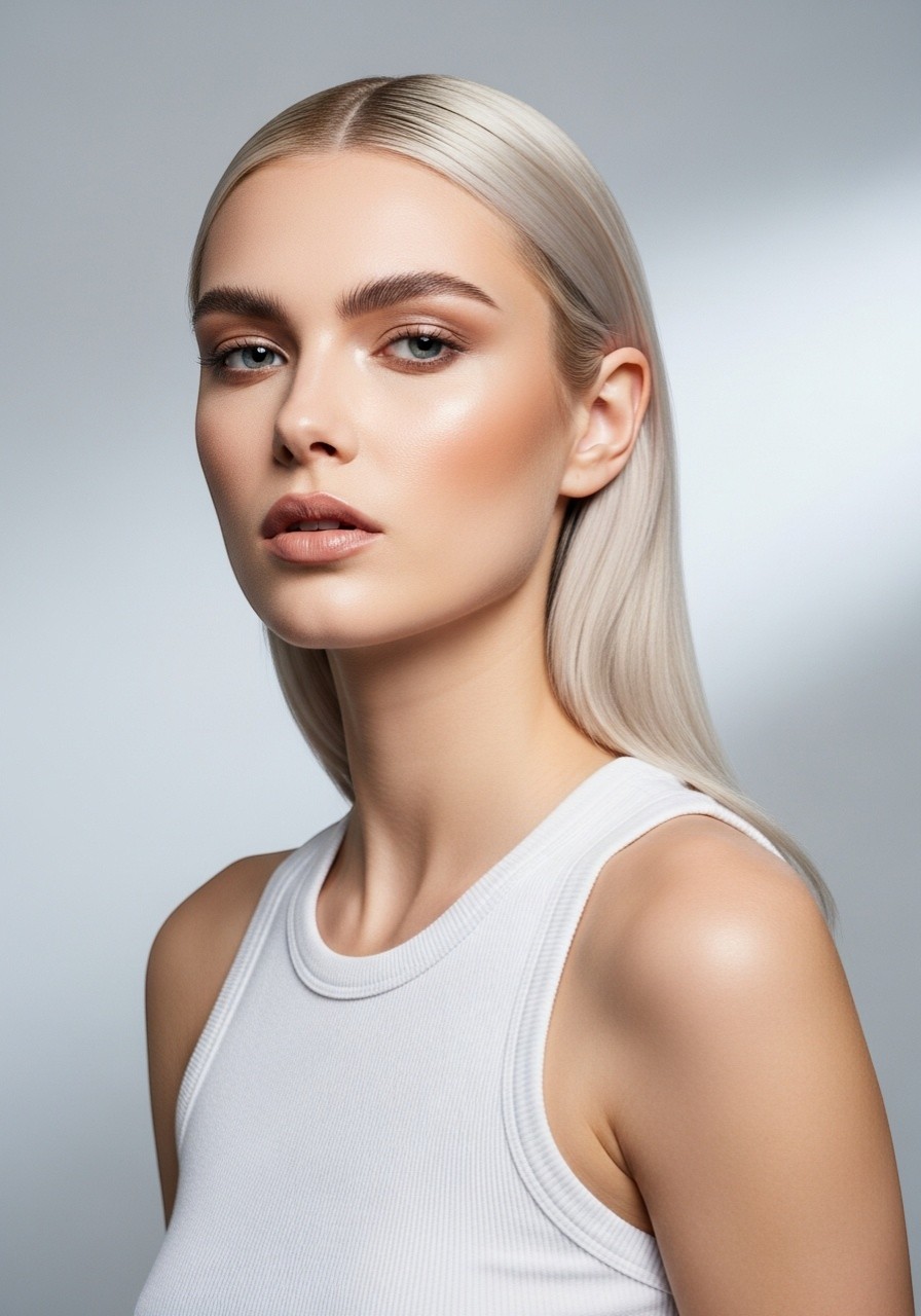 Freya — AI fashion model: Platinum straight long hair, strong features