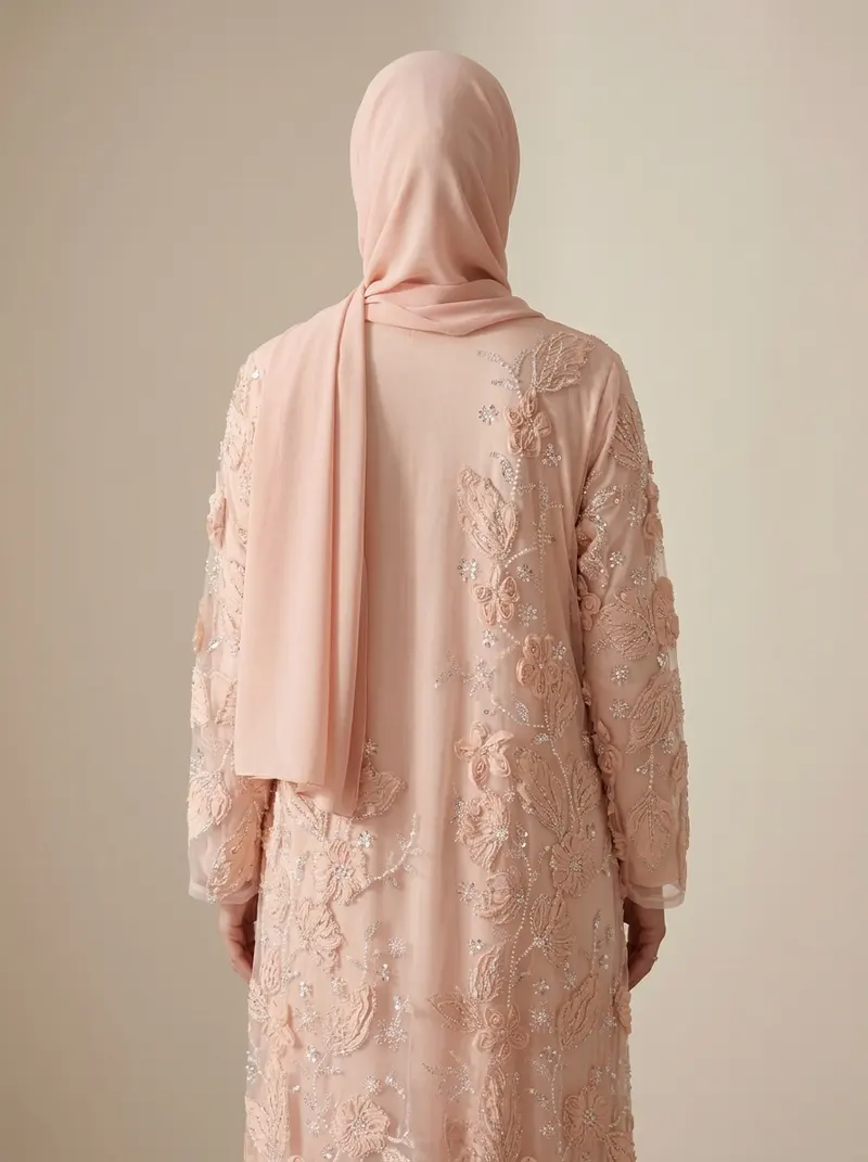 Modest Valoria blush abaya back view showing full coverage from behind