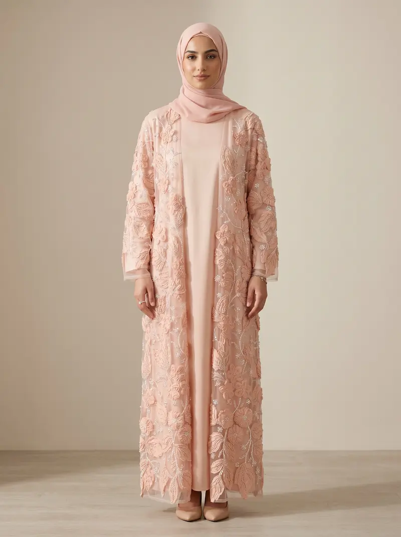 Modest Valoria blush pink embroidered open abaya set with matching hijab, front full length