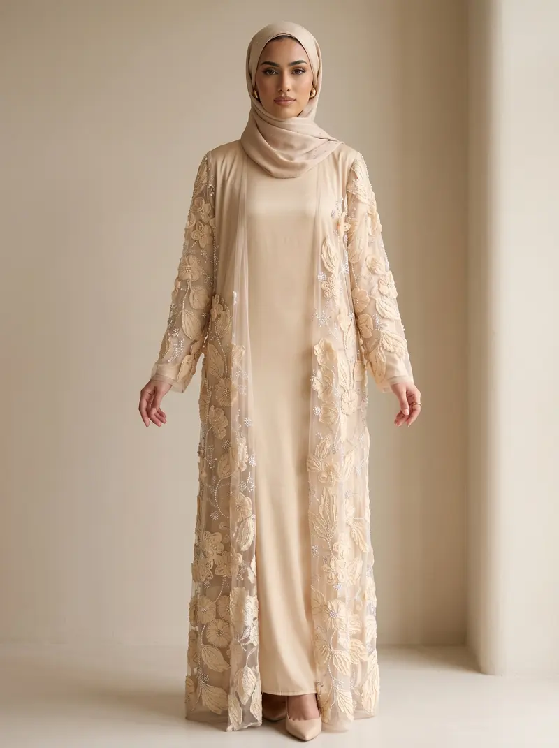 Modest Valoria champagne embroidered open abaya set with matching hijab, front full length