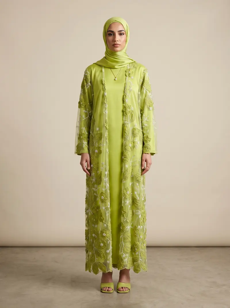 Modest Valoria lime green embroidered open abaya set with matching hijab, front full length in a sunlit plaster studio