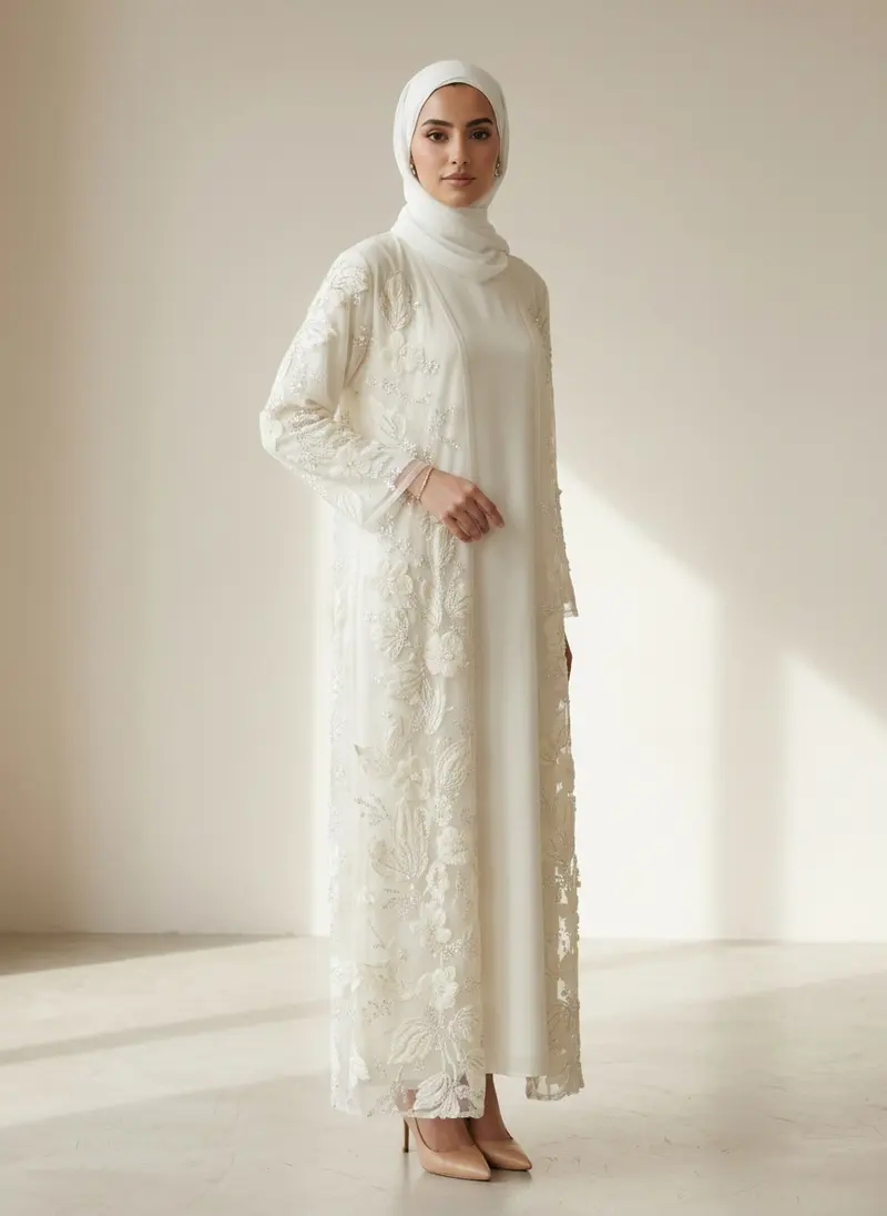 Modest Valoria ivory embroidered open abaya set with matching hijab, walking frame in warm window light